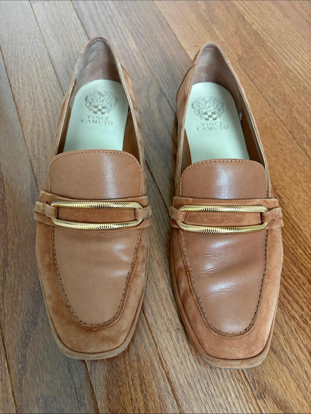 Vince Camuto “Henchila” Leather & Suede Slip-On Loafers with Gold Accent